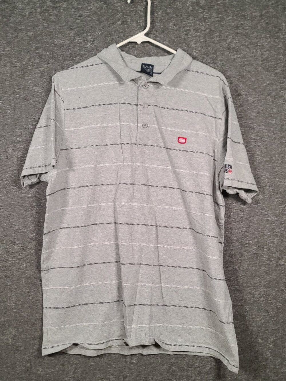 Nautica Jeans Men's XL Striped Gray Polo Short Sleeve Button Logo Collar Shirt